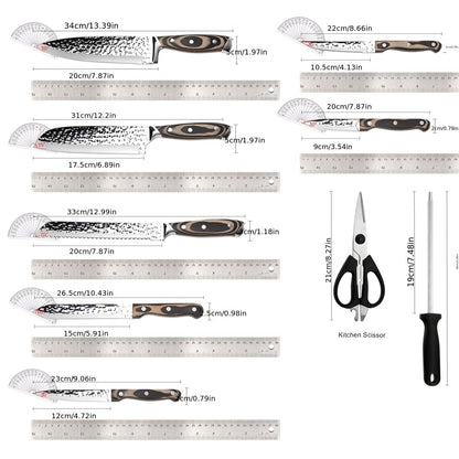 Kitchen Knife Set 15 Piece – Chef Knife Block Set with Self-Sharpening Wooden Block, Steak Knives & Hammered Stainless Steel Blades, Perfect Gift for Home Cooks & Men