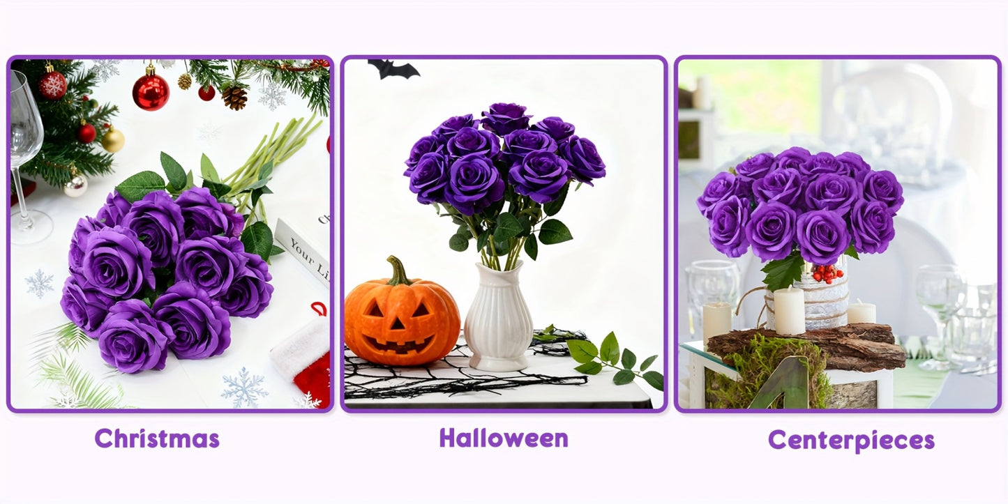 10pcs Artificial Silk Roses Bulk - Fake Flowers for Wedding Home Decor, 19.69" Long Stem, Deep Purple & Dark Green