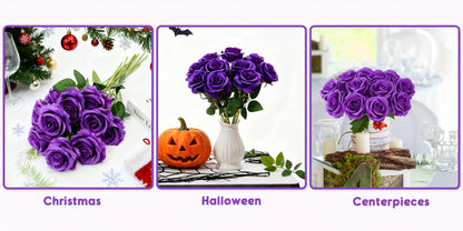 10pcs Artificial Silk Roses Bulk - Fake Flowers for Wedding Home Decor, 19.69" Long Stem, Deep Purple & Dark Green