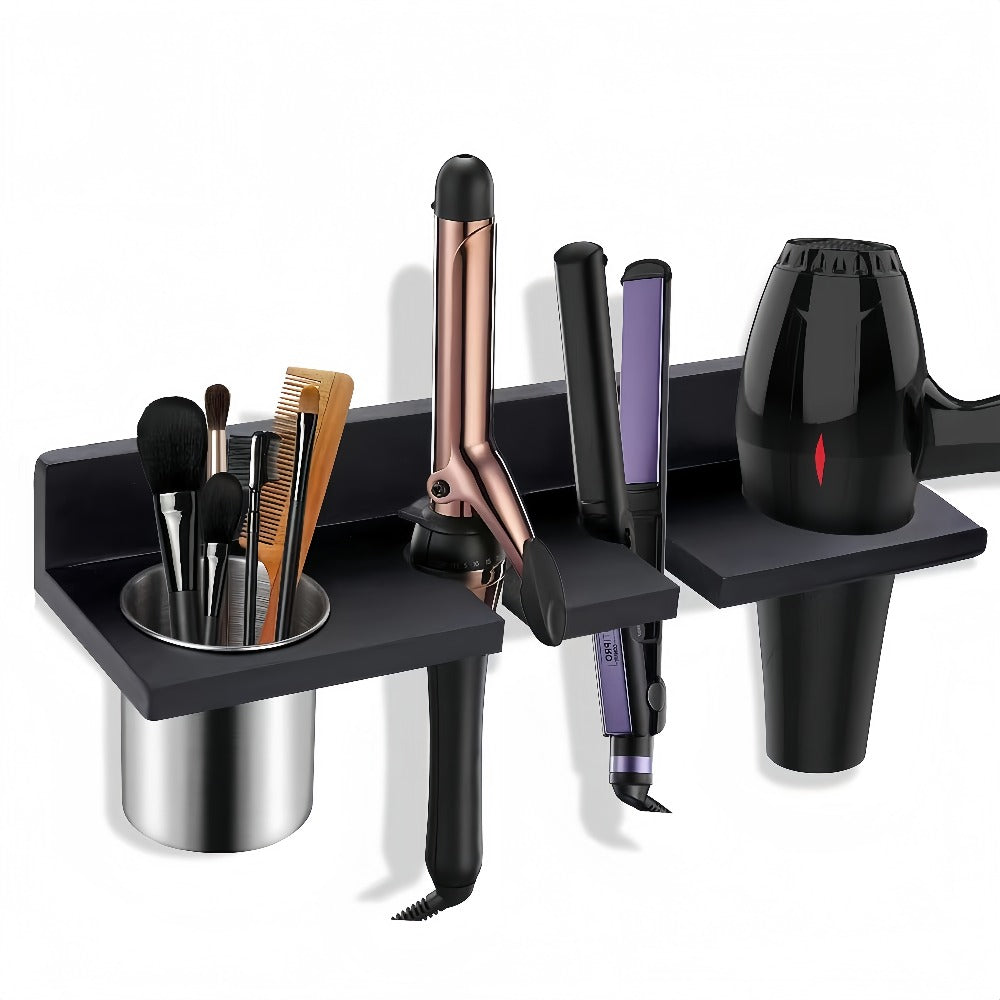 Wall Mounted Hair Tool Organizer – Wooden Hair Dryer Holder & Storage Rack for Curling Iron, Straightener & Brushes, Rustic Bathroom Salon Shelf (Brown & Black)