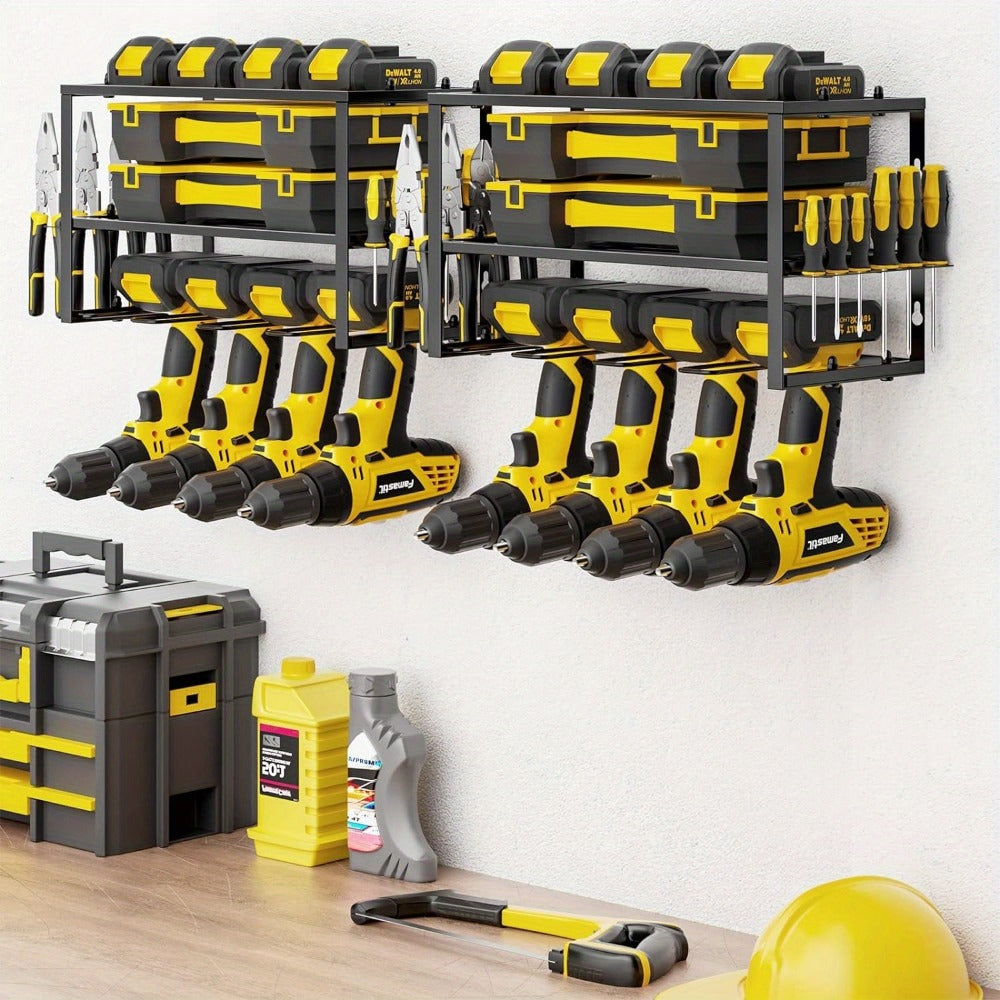 Power Drill Holder Wall Mount – Heavy Duty Tool Storage Rack with 3/4 Layer Floating Shelf | Cordless Drill Organizer | 4/6/8 Drill Holders Workshop Tool Rack for Garage & Workshop Organization