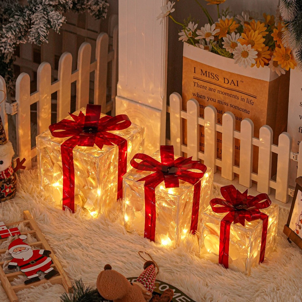 Christmas Light-Up Gift Boxes Set of 3 – USB & Battery LED Warm White Lighted Decorations with Timer, 8 Lighting Modes, Red Bow, Indoor Outdoor Holiday Home Decor