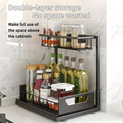 2-Tier Pull-Out Cabinet Organizer Metal Sliding Drawer, Kitchen Sink Storage Container for Bathroom Tabletop Study, Push-Pull Stackable Organizer for Kitchen Bathroom Cabinet