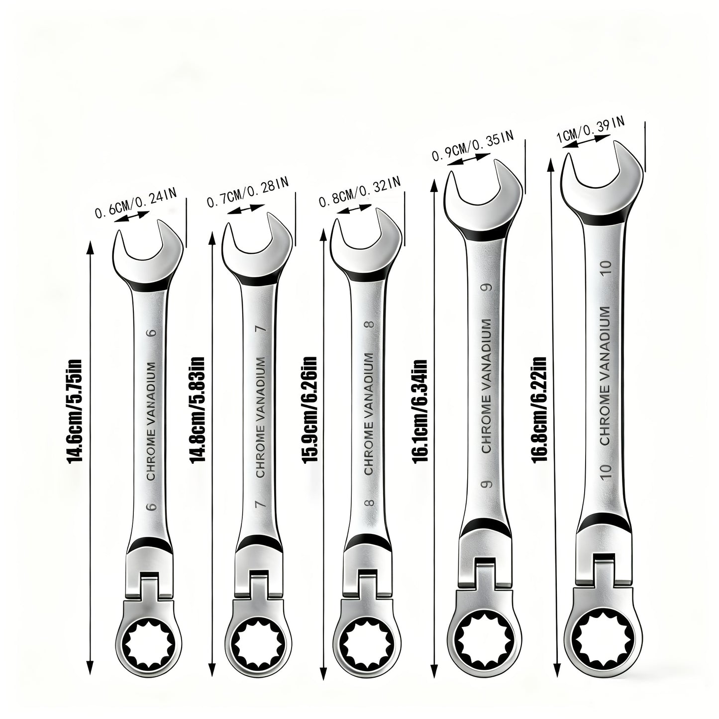 Ratchet Wrench Set 5pcs Flexible Head 6-10mm Metric Chrome Vanadium Steel 72-Tooth Combination Wrench Open Closed End for Automotive Bicycle Home Repair Mechanic Hand Tool Kit Silver