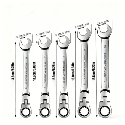 Ratchet Wrench Set 5pcs Flexible Head 6-10mm Metric Chrome Vanadium Steel 72-Tooth Combination Wrench Open Closed End for Automotive Bicycle Home Repair Mechanic Hand Tool Kit Silver