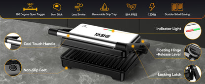 Panini Press Sandwich Maker 1200W, Non-Stick Cast Aluminum Grill with 180-Degree Opening, 2-Slice Panini Maker with Indicator Lights, Even Heat Distribution for Sandwiches Steaks Waffles
