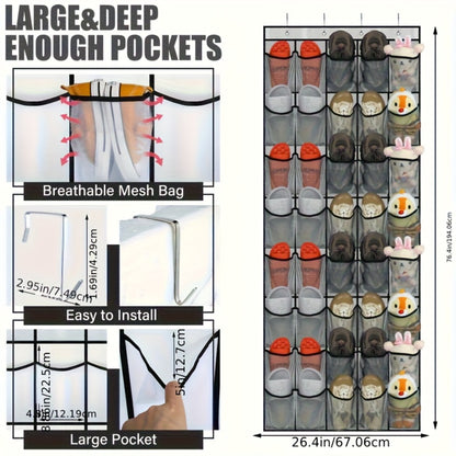 Over the Door Shoe Organizer Hanging Mesh Pocket | 28 35 40 Compartments 7-8 Layer with Hooks | Behind Door Storage Rack for Closet Dorm Room Bedroom Classroom Bathroom
