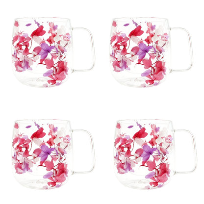 Double Wall Glass Coffee Cups with Handle Set of 4 – Borosilicate Thermal Mugs for Latte Cappuccino Tea | Dried Flower & Petal Design Transparent Drinkware for Office Home Gifts