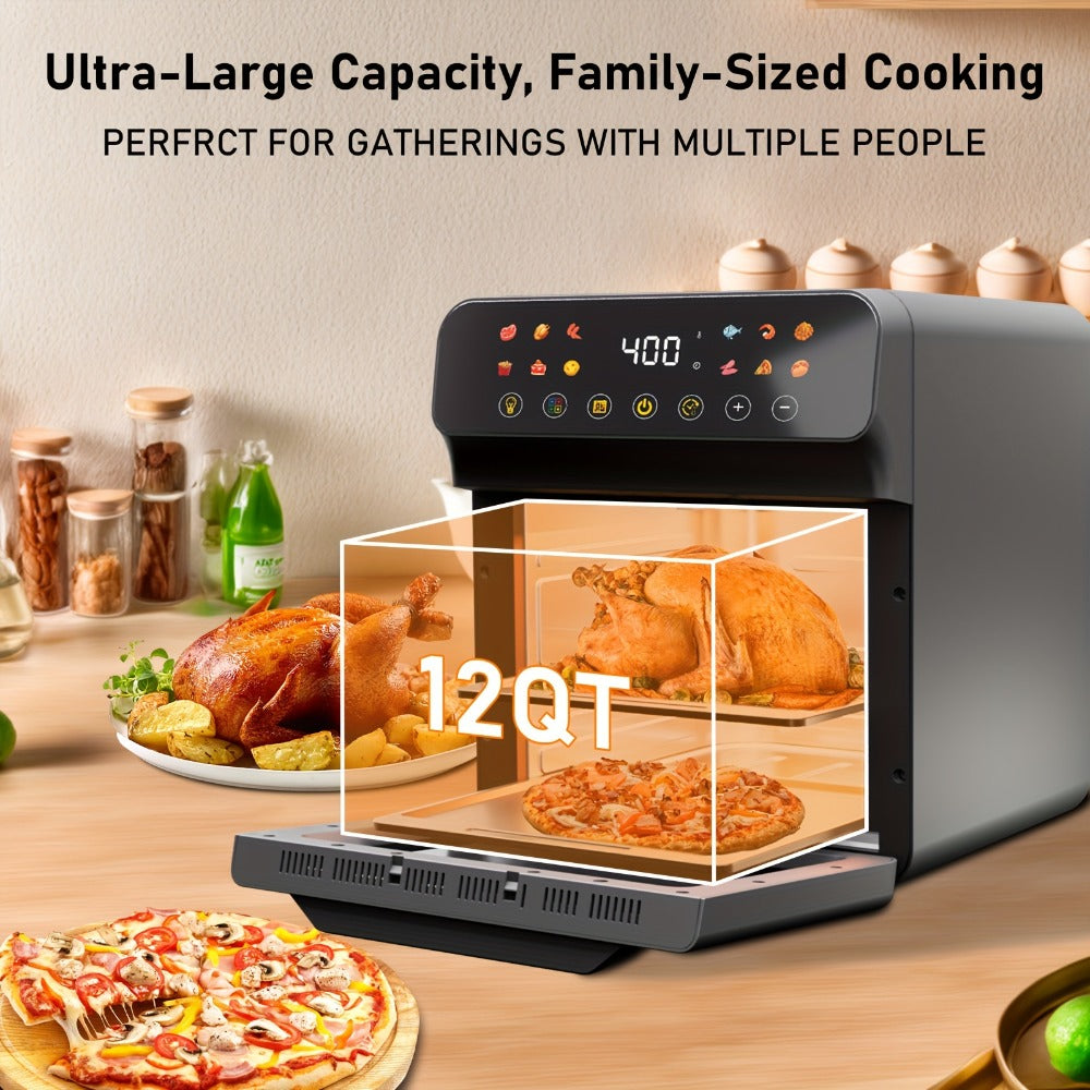 Air Fryer Convection Oven 12QT – 12-in-1 Multi-Function, Touchscreen, Visible Window, Oil-Free Non-Stick Basket, One-Touch Operation, Baking, Roasting, Dehydrating & Fast Cooking