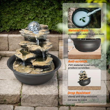 Indoor Tabletop Fountain with LED Lights – Crystal Ball Rolling Waterfall Desktop Zen Fountain Humidifier for Living Room Office Bedroom