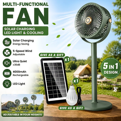 Solar Floor Fan 33-Inch Rechargeable 4000mAh USB Standing Fan Power Bank 2-in-1 360° Tilt 5-Speed 4-Height Adjustable for Indoor Outdoor Courtyard RV Camping