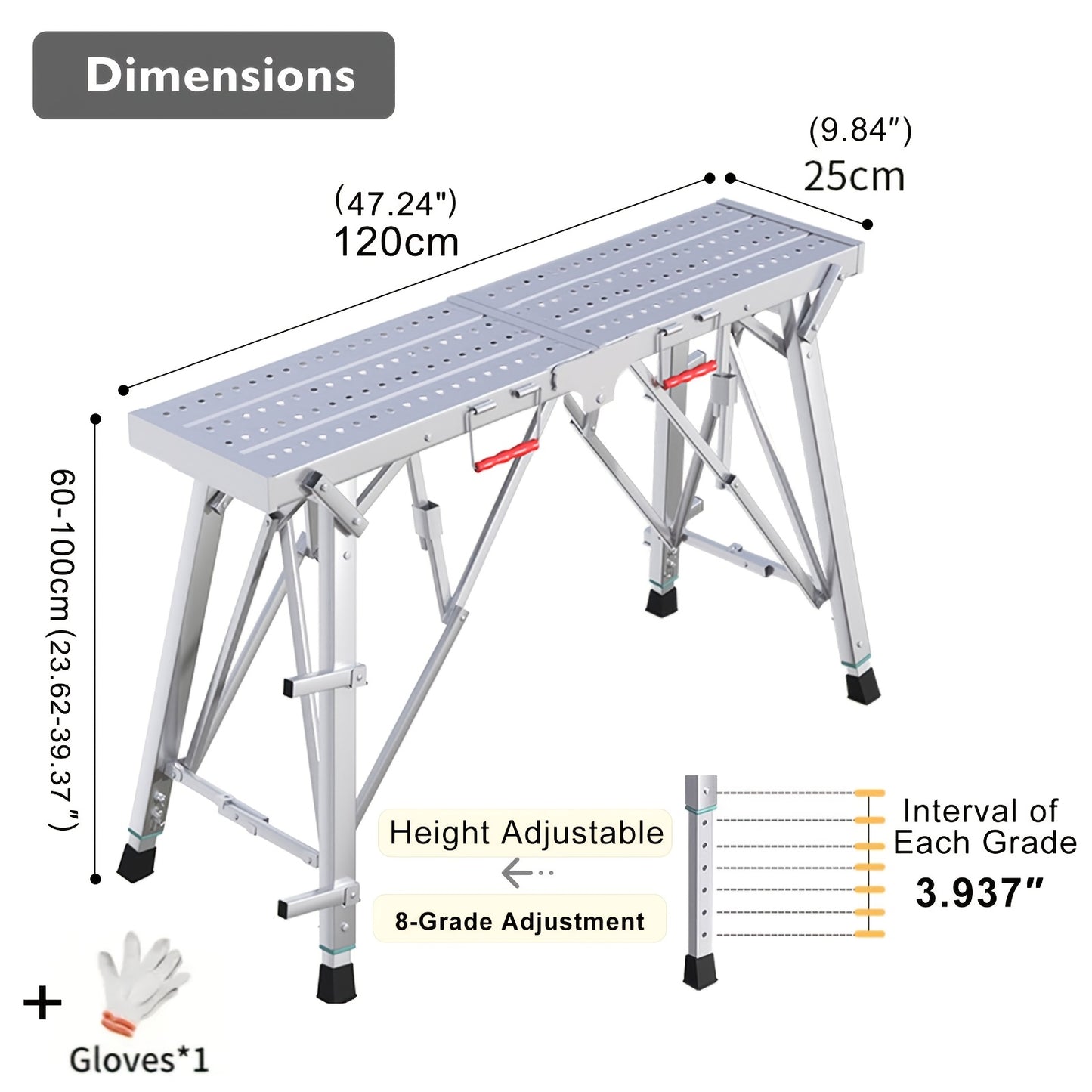 Adjustable Folding Scaffolding Work Platform 800 lbs, Portable Drywall Bench Step Ladder with Anti-Slip Feet & Safety Lock, Height 31.5"-49.2", for Painting, Cleaning, Car Washing & Decorating