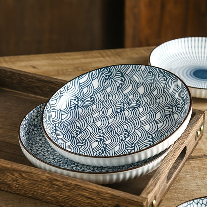 Blue White Ceramic Plates Set of 4 Round Shallow Serving Plates for Pasta Salad Bread Desserts - Holiday Dinnerware for Christmas Easter Thanksgiving Table Settings, Easy to Clean Dishwasher Safe
