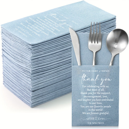 Wedding Cocktail Napkins 100pcs Thank You Napkins with Utensil Pocket Haze Blue Tissue Napkins for Bridal Shower Rehearsal Dinner Reception Party Supplies Newlyweds Guests