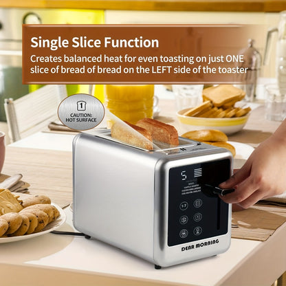 Stainless Steel Toaster 2-Slice Smart Touch Screen – 5 Bread Selections, 7 Shade Settings, Bagel/Defrost/Cancel/Reheat, 1.5" Wide Slot, Removable Crumb Tray