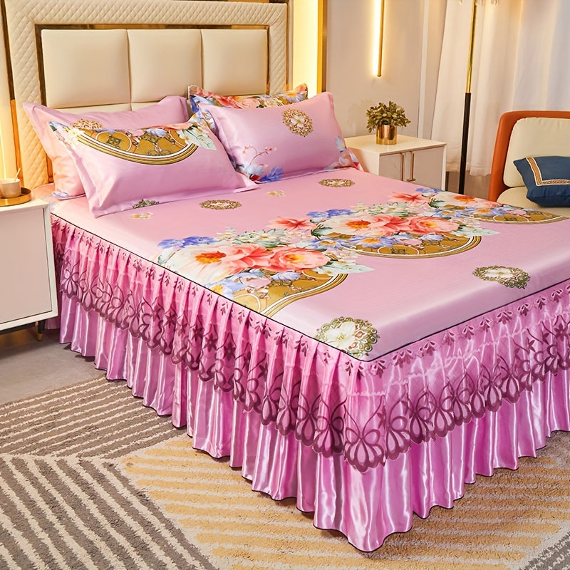 Floral Ruffle Bed Skirt Cool Mat 3 Piece Set with Pillowcase, Double Layer 360° Full Wrap Washable Cooling Mattress Cover, Breathable Summer Bedding Set for Twin Full Queen King, Parisian Romantic Floral