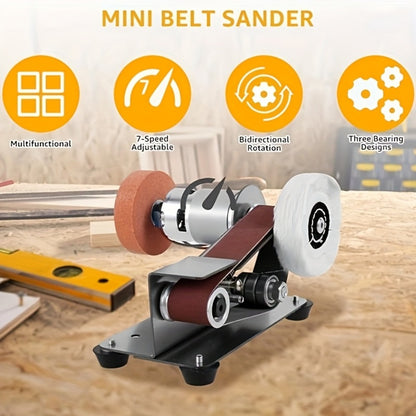 Mini Belt Sander 3-in-1 Electric Desktop Knife Sharpener 15 Degree 7 Speed Adjustable Polishing Machine for DIY Metal Wood Handicrafts Cutting Tools with Sanding Belts