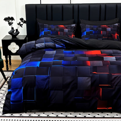 Duvet Cover Set 3 Piece Plaid Digital Print Polyester Bedding All Season Twin Full Queen King Size with Pillowcases Purple Blue Red