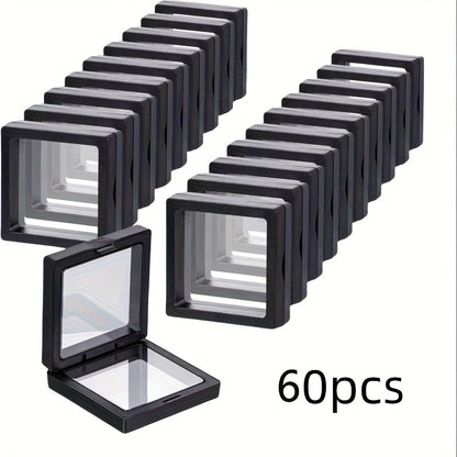 3D Floating Jewelry Display Box Bulk Set | Black Plastic Frame Clear Acrylic Panel Fabric-Lined Organizer for Jewelry Coins Collectibles – Secure Clasp Closure – 30 or 60 Pieces