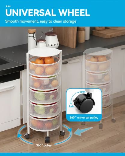 Rotating Storage Rack Multi-Tier Rolling Cart – 360° Swivel Round Floor Standing Organizer with 4 or 5 Layers, Vegetable Basket & File Rack for Kitchen, Bathroom, Office & Living Room (Black / White)