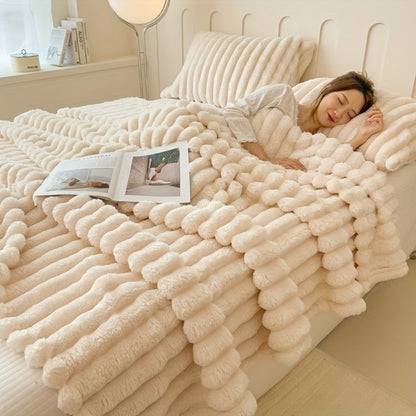 Plush Faux Fur Blanket – Imitation Rabbit Fur 300-350gsm Knit Throw for Sofa, Bed & Travel, All Season, 3 Colors, 2 Sizes