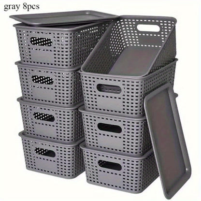 Storage Basket Set with Lids 8pcs – Plastic Desktop Organizer Bins for Document Storage, Shelf Organization & Home Office – Flip-Top Lid Baskets, White