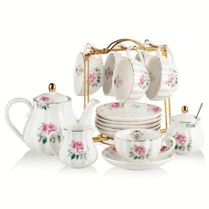 Porcelain Tea Set Service for 6 British Royal Floral Design with Teapot Sugar Bowl Cream Pitcher Teaspoons Tea Strainer 8oz Cups Saucers for High Tea Wedding Party Gift