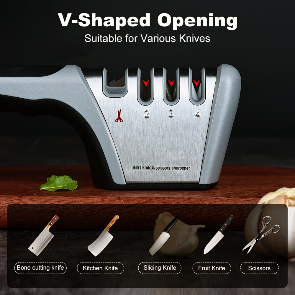 4-in-1 Knife Sharpener Manual Kitchen Tool for Chef Knives, Paring Knives, Steel Blades & Scissors – 4 Stage Sharpening System with Non-Slip Base