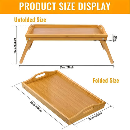 Bamboo Bed Tray Table with Folding Legs & Handles – Breakfast Sofa Lap Desk, 19.32" x 11.83", Natural Bamboo