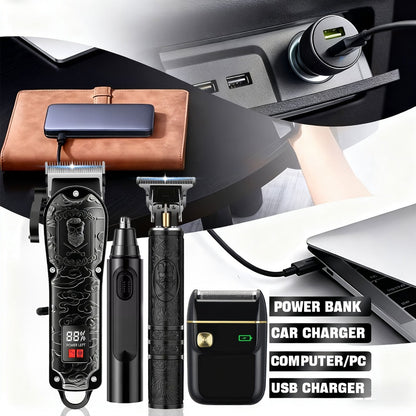 Electric Grooming Kit Foil Shaver Beard Trimmer & Nose Ear Hair Trimmer Set with LCD Power Display - Rechargeable 2 to 4 Piece Sets for Home, Travel & Car, Perfect Gift for Men, Husband & Father