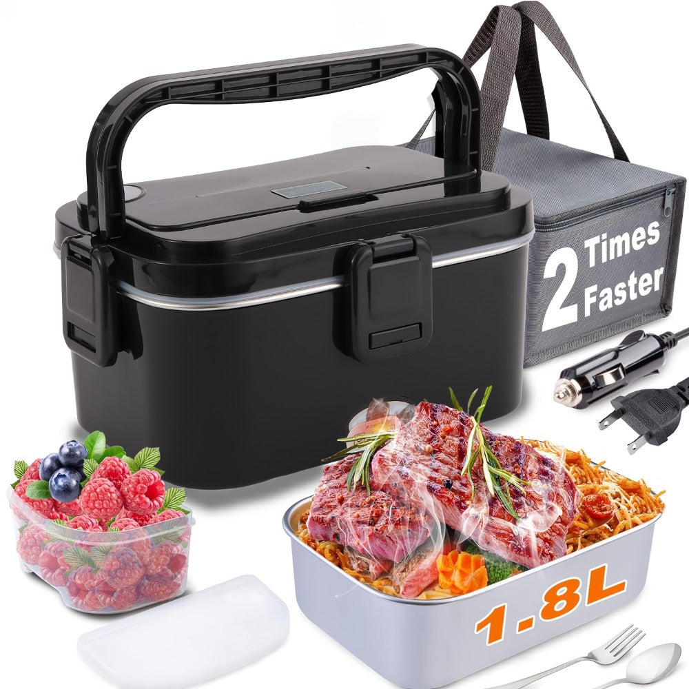Electric Lunch Box Portable Food Warmer 60oz – 110V Home & 12V/24V Car Heated Meal Container, Stainless Steel, Leak-Proof with Insulated Bag & Fork for Office, Truck, Travel & Camping