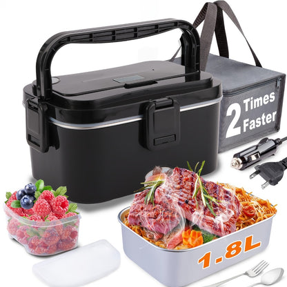 Electric Lunch Box Portable Food Warmer 60oz – 110V Home & 12V/24V Car Heated Meal Container, Stainless Steel, Leak-Proof with Insulated Bag & Fork for Office, Truck, Travel & Camping