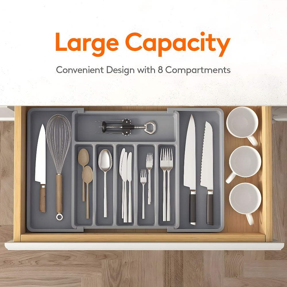 Silverware Organizer Adjustable Drawer Organizer | Utensil & Cutlery Storage Tray for Kitchen Drawer | Expandable Knife Fork Spoon Holder 22.4" x 15" x 2" | Kitchen Organization & Storage in Black Grey White