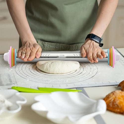 Stainless Steel Rolling Pin with Adjustable Thickness Rings Dough Roller for Baking Pizza Cookies Pastry 430 Grade Non-Stick Heavy Duty Kitchen Baking Tool