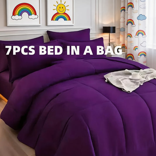 Comforter Set 7 Piece Bed in a Bag Full Queen King Soft Satin-Like Fabric with Fitted Sheet Flat Sheet Pillowcases Breathable Bedding Set for Bedroom Hotel