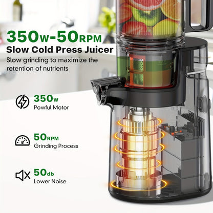 Cold Press Juicer Masticating – 350W Slow Juicer with Wide Feed Chute, 50RPM Fine Grinding, High Juice Yield, Easy to Clean, Safe Bladeless Design for Whole Fruits & Vegetables, Black & Pink