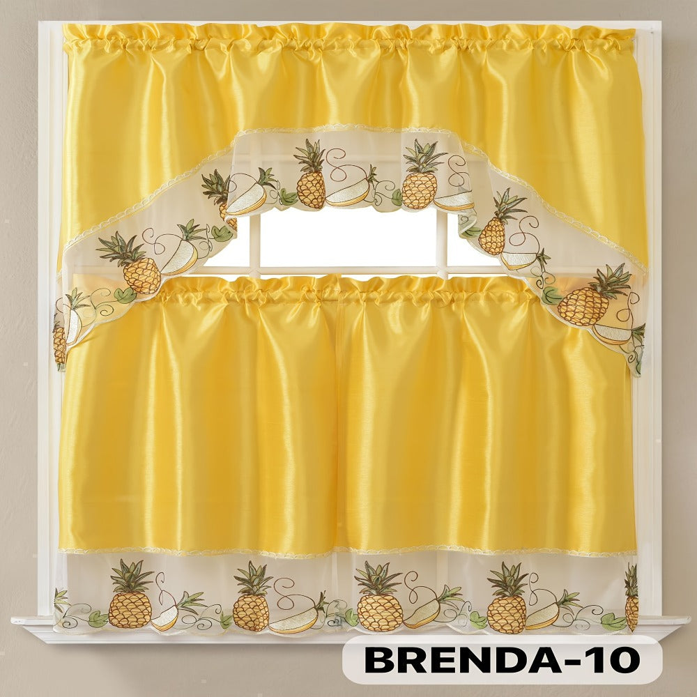 Kitchen Curtains 3 Piece Set Embroidered Satin Valance and Tiers - Rod Pocket Light Filtering Machine Washable 46 Colors Available All Season Home Decor