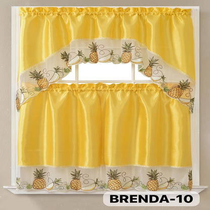 Kitchen Curtains 3 Piece Set Embroidered Satin Valance and Tiers - Rod Pocket Light Filtering Machine Washable 46 Colors Available All Season Home Decor