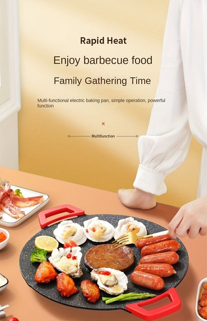 Korean BBQ Grill Pan – Round Non-Stick Multi-Functional Electric Grill Pan with Red Handle & Adjustable Settings, Home & Outdoor BBQ Pot for Family Gatherings, Available in 14.17" & 15.75"