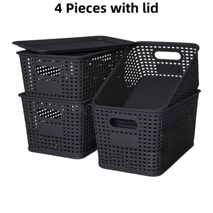 Storage Organizer Bins with Lids 4/8 Pack | Space-Saving Stackable Boxes 10"x7"x4" for Shelves, Closet & Desk - Declutter Bins for Dorm, Playroom & Office with File Organizer Bag, White Black Gray Red