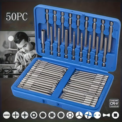 Magnetic Screwdriver Bits Set 50pcs – 75mm Extended Security Bits, 1/4" Hex Shank, Torx Star Hex Spline, for Power Drills & Hand Screwdrivers