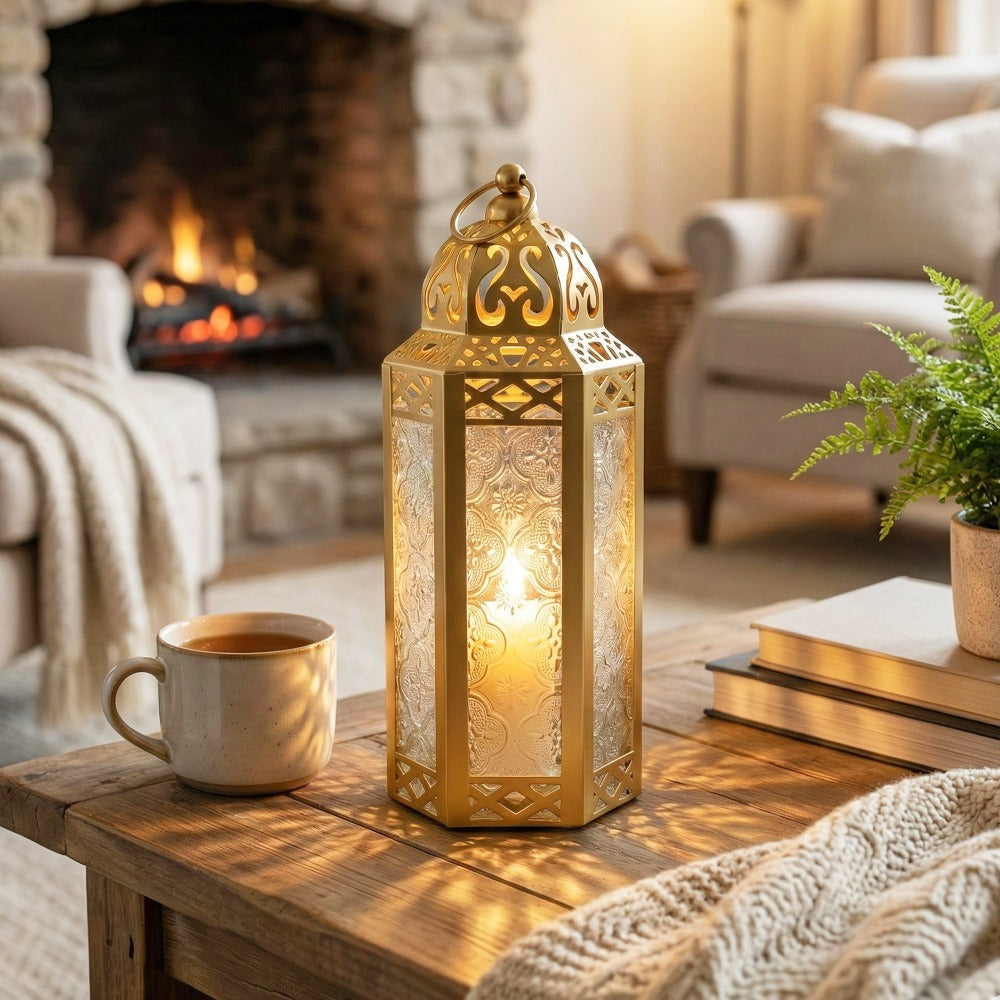 Moroccan Candle Lantern Holder - Decorative Metal & Glass Lantern with Embossed Floral Design for Indoor Home Decor, Garden, Patio, Weddings, Ramadan, Halloween & Holiday Celebrations - 10.5" Tall Medium Size