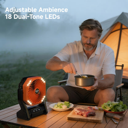 Camping Fan 20000mAh with LED Light and Brushless Motor, 4-Speed 180° Oscillating Portable Outdoor Fan, 22-26H Long Runtime Anti-Slip Base, 3-in-1 Table Fan for Camping, Hiking, Picnic and Emergency