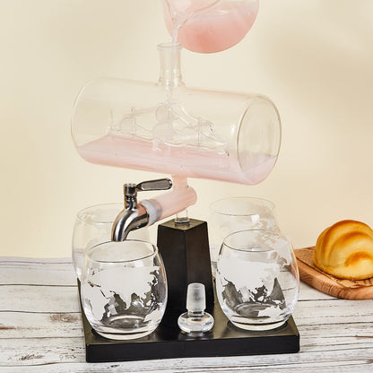 Whiskey Decanter Set with Glasses and Wooden Stand Ball Globe 28oz or Sailboat 44oz Etched Crystal Glass Cups for Whiskey Bourbon Scotch Birthday Wedding Anniversary Gift