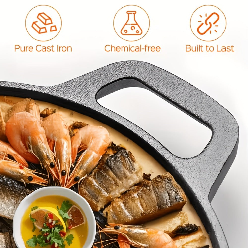 Cast Iron Skillet 11 Inch Pre-Seasoned Round Grill Pan with Dual Loop Handles – Even Heating for Oven, Stovetop, Campfire & Grill | Heavy-Duty Kitchen Cookware for Pizza, Steak & More