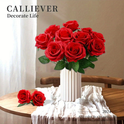 10pcs Artificial Silk Roses Bulk - Fake Flowers for Wedding Home Decor, 19.69" Long Stem, Deep Purple & Dark Green