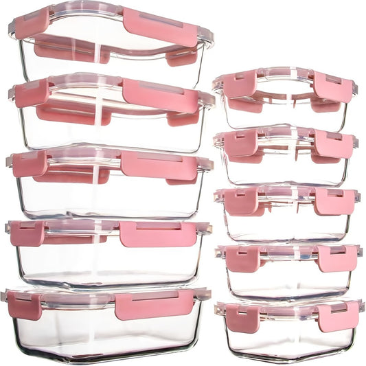 Glass Food Storage Containers with Lids 10PCS Set – Airtight Leak-Proof Meal Prep Containers, Dishwasher & Oven Safe, Lunch & Leftover Storage