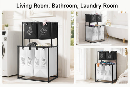 Laundry Sorter 2 Compartment Hamper – 2-Tier Metal Frame Laundry Hamper with Handles, Breathable Mesh Bags & Cable Ties – Space-Saving Clothes Organizer for Home, Bedroom & Apartment