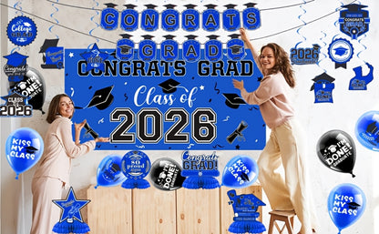 2026 Graduation Decorations Set – Congrats Grad Banner, Backdrop, Hanging Swirls & Honeycomb Table Toppers, Class of 2026 Party Supplies Kit