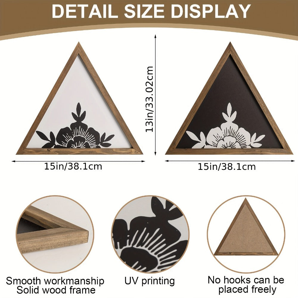 Boho Floral Wall Art Framed – Wooden Botanical Wall Decor with Black & White Geometric Triangles, Vintage Boho Style for Bedroom, Bathroom & Living Room Home Decoration